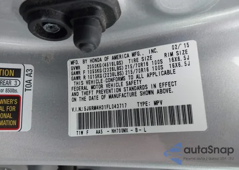 2015 Honda Cr-V Lx из США, поврежденный, VIN 5J6RM4H31FL043717